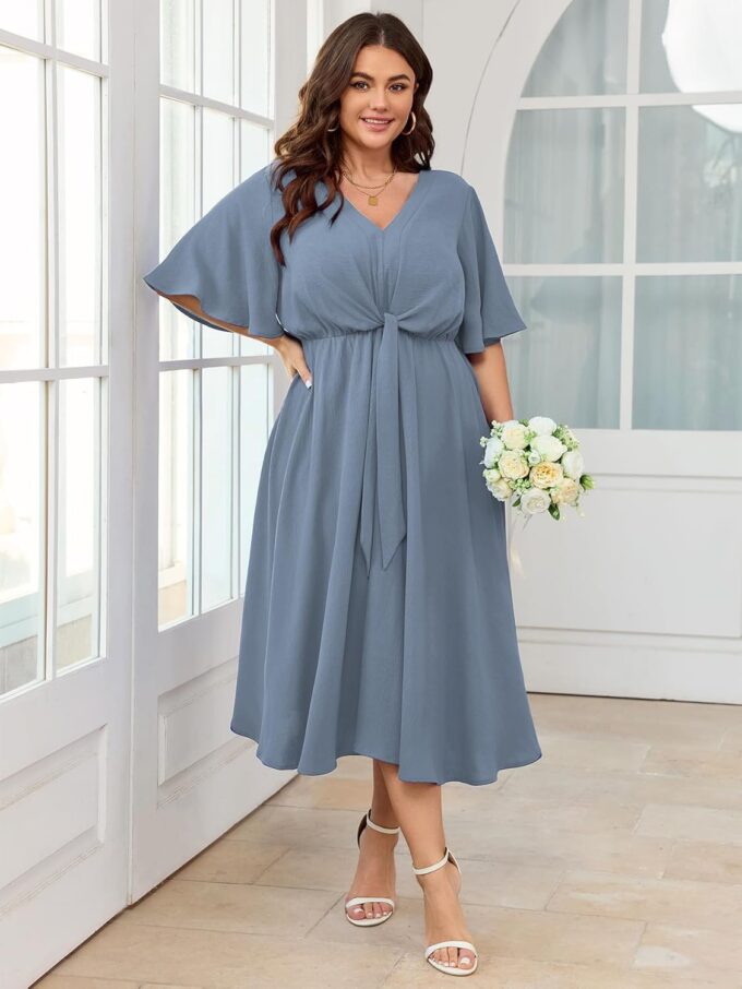 SCOMCHIC Women Plus Size Midi Dresses Wedding Guest Short Sleeve V Neck Tie Waist Casual Summer Flowy A Line Dress – Bild 2