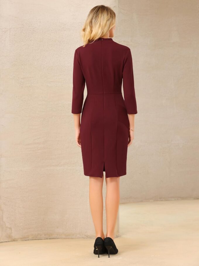 Hobemty Damen-Bleistiftkleid, Stehkragen, gedrehte Vorderseite, 3/4-Ärmel, Arbeit, knielang, Etuikleider – Bild 5