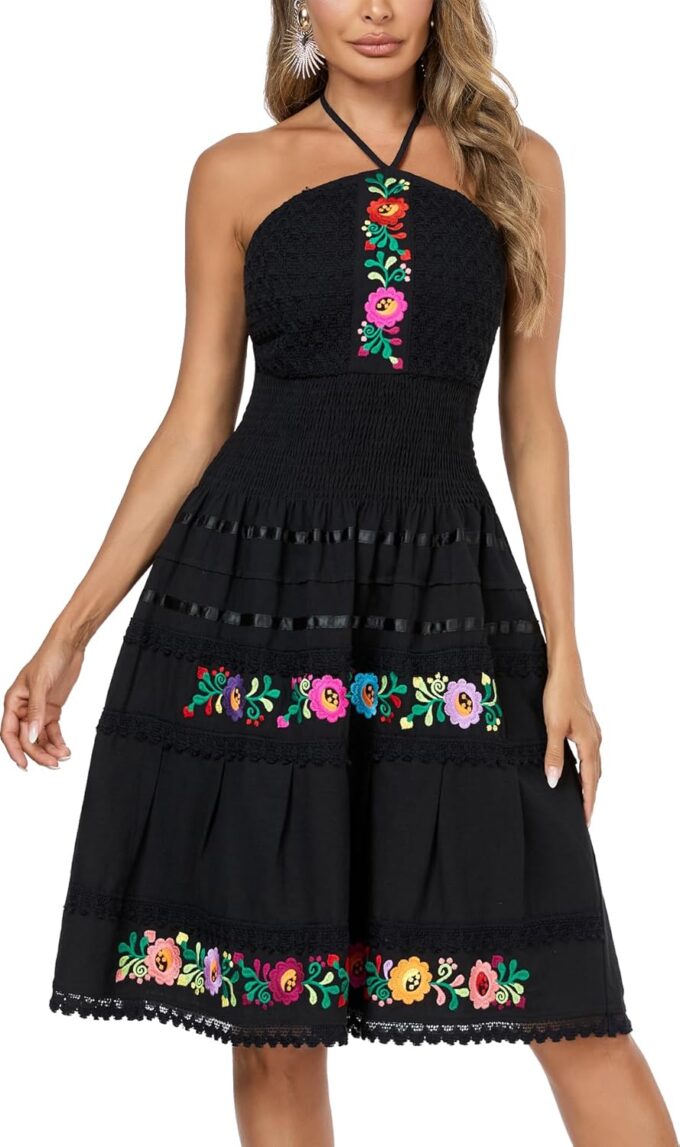 Mexican Dress for Women Casual Dress Halter Flowy Black Mini Dress – Bild 3