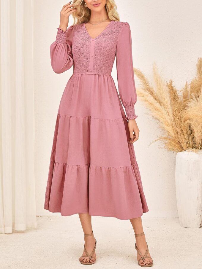 Kate Kasin Womens Long Sleeve Maxi Dress Spring Fall Dresses 2025 Trendy Smocked V Neck Modest Wedding Guest Dress & Pockets – Bild 3