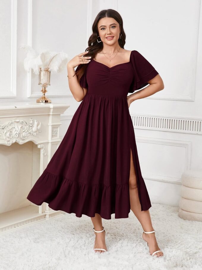 SCOMCHIC Womens Plus Size Wedding Guest Cocktail Dresses Sweetheart Neckline Short Sleeve Smocked Ruffle Slit Maxi Dress – Bild 2