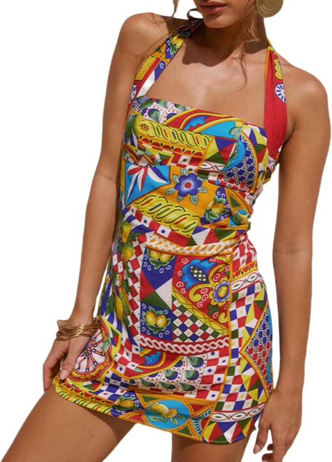 Women's Sexy Halter Tropical Printed Mini Dress Sleeveless A Line Bodycon Dress Backless Party Vacation Dresses