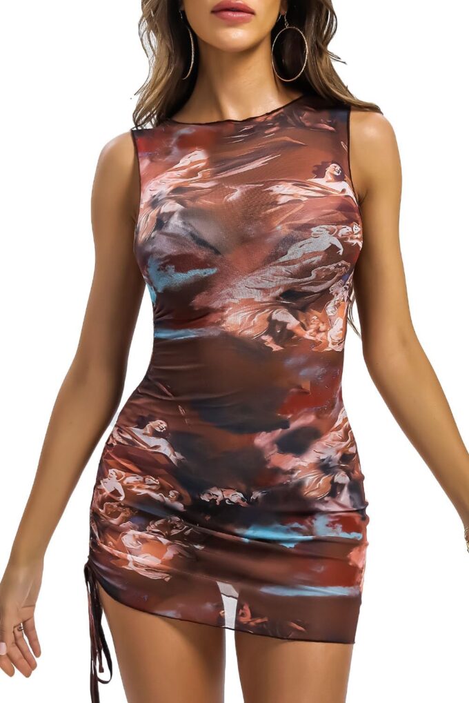 ABMOIU Sexy Mini Print Mesh Dress for Women, See Through Sleeveless Stretchy Bodycon Short Summer Dresses