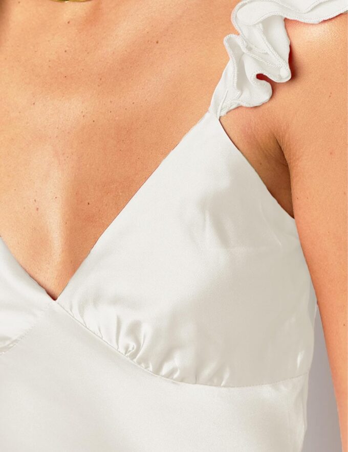 Summer Satin Lace Spaghetti Strap Midi Dress for Wedding Guest Silk Sleeveless V Neck Slit Ruffled Maxi Dress for Women – Bild 4