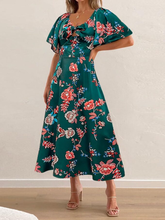 Fashionme Womens Dresses 2025 Maxi Dresses Deep V Neck Elegant Bow Tie Front Cap Sleeve Summer Floral Satin Smocked Dress – Bild 7