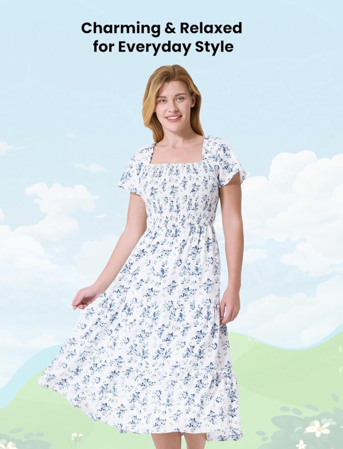 PATPAT Family Matching Outfits Boho Floral Print Square Neck Puff Sleeve Smocked Dress and Short Sleeve T-Shirts Matching Set – Bild 3