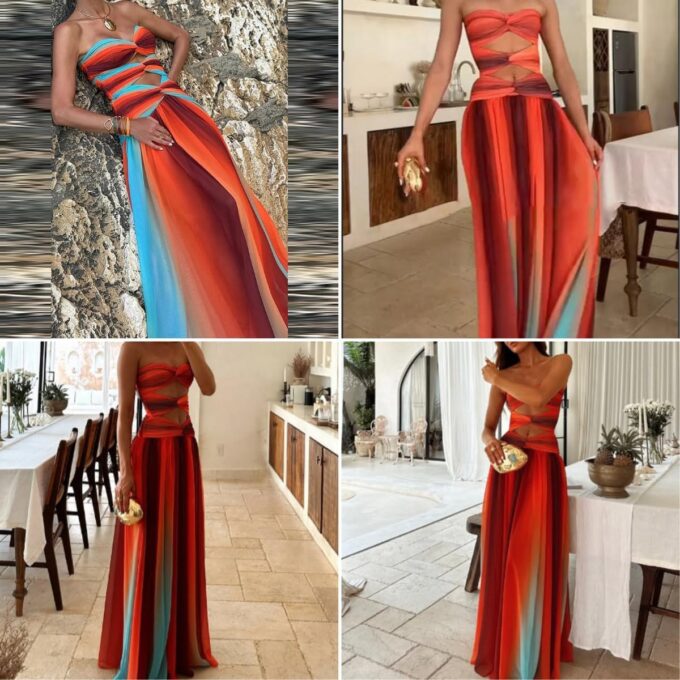 AIBEARTY Women's Sexy Tie Dye Off Shoulder Maxi Dress Gradient Cut Out Strapless Flowy Sundress Beach Long Dresses – Bild 4