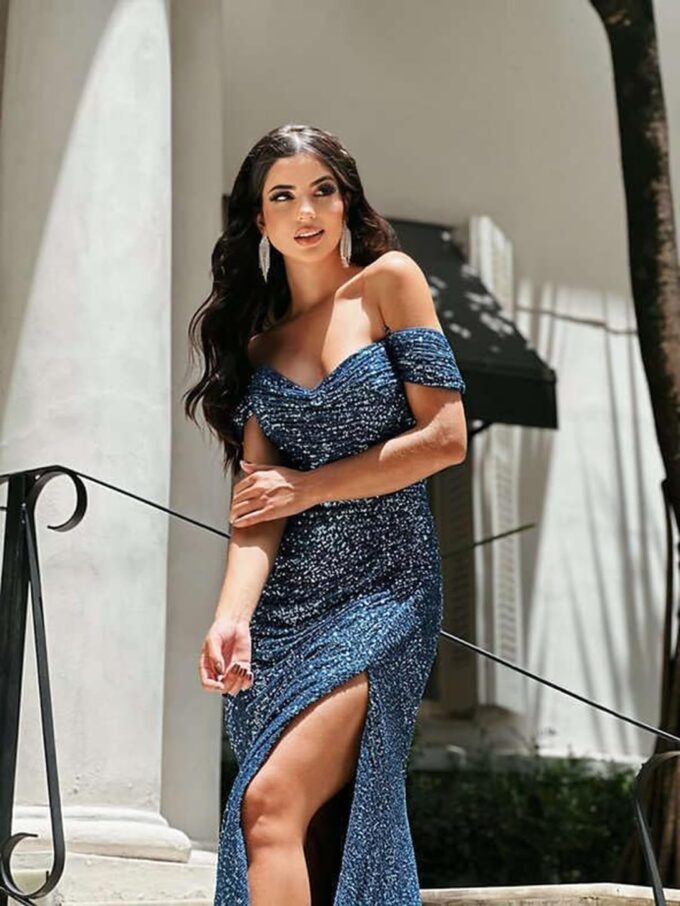 Clothfun Off Shoulder Mermaid Prom Dresses for Women Long Ball Gown with Slit Sparkly Sequin Formal Party Dress CY197 – Bild 2