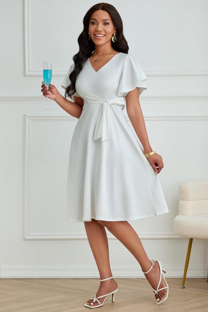 FANDEE Women's Casual Midi Dress Wedding Guest Dresses for Chuch Cocktail Ruffle Short Sleeve A-Line V Neck with Belt White – Bild 3
