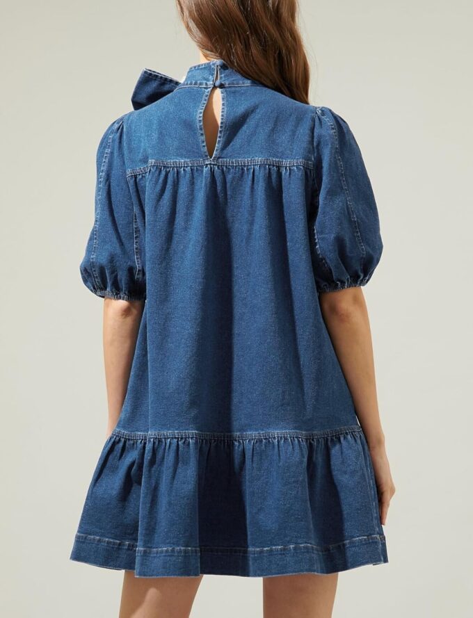 Women Summer Puff Short Sleeve Denim Dress Mock Neck Babydoll Jean Dress with Bow – Bild 2