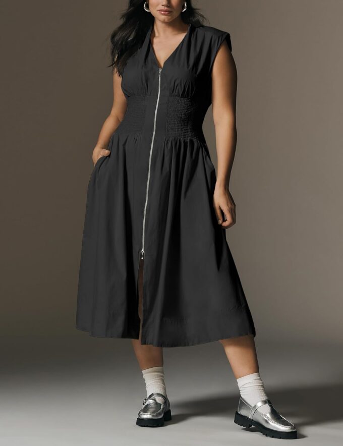 Women Sleeveless Midi Dress Summer Casual V Neck Zip Front Smocked Shirt Dress with Pockets (17W-ArmyGreen-XS) – Bild 4