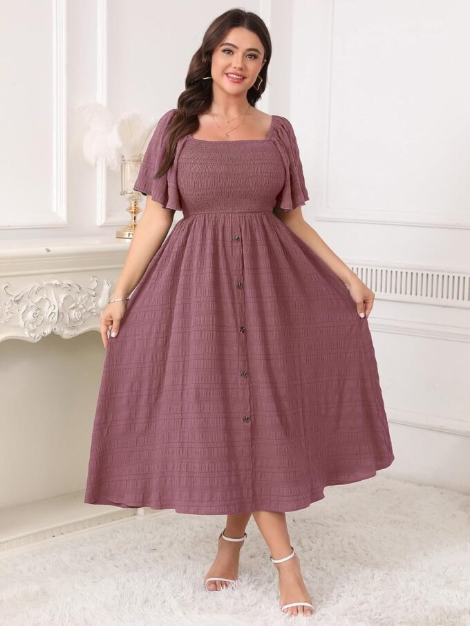 Womens Plus Size Maxi Boho Beach Sundress Short Sleeve Square Neck Smocked Button Down Flowy Casual Summer Dresses – Bild 2