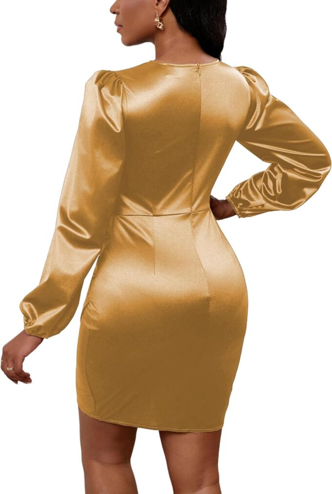 Yajedo Women's Sexy V Neck Long Sleeve Satin Dress Casual Elegant Cocktail Wedding Guest Mini Sheath Bodycon Dresses – Bild 6
