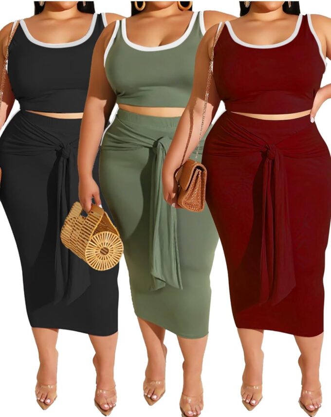 IyMoo Sexy Plus Size Dress 2 Piece Outfits Sexy Contrast Sleeveless Tank Crop Tops Bodycon Skirts Sets – Bild 7