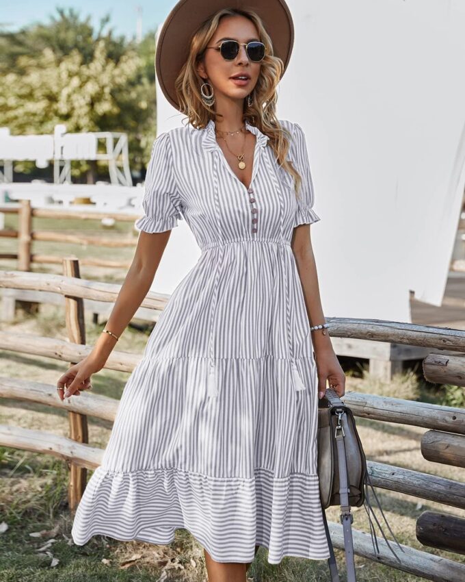 Sexyasasii Women's Summer Ruffle Puff Sleeve Dress Short Sleeve V Neck High Waist Casual Loose Striped Midi Dresses – Bild 6