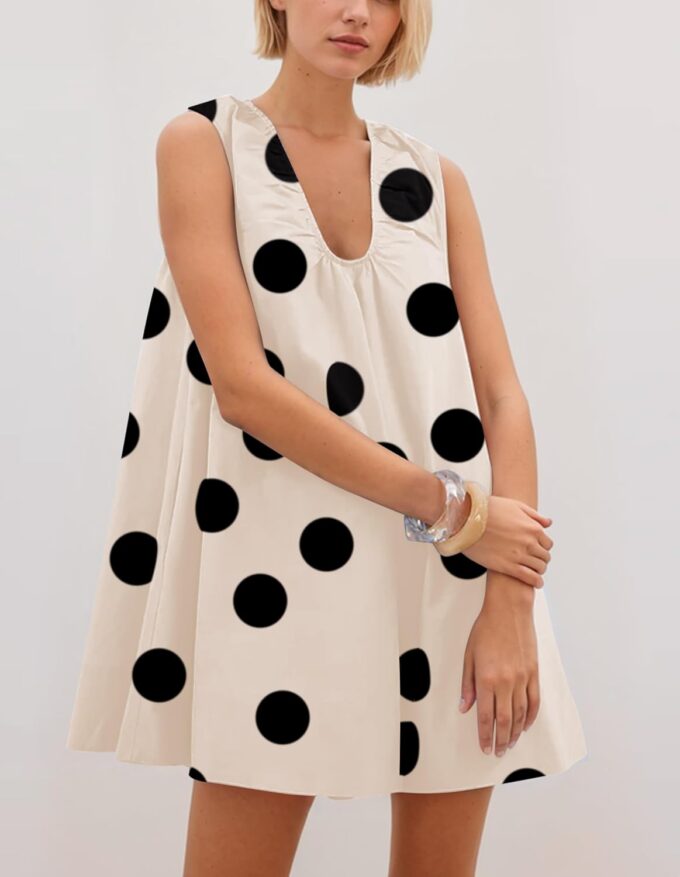 Meladyan Women's Polka Dot Babydoll Mini Dress Scoop Neck Sleeveless Summer Tank Dresses with Pockets – Bild 3