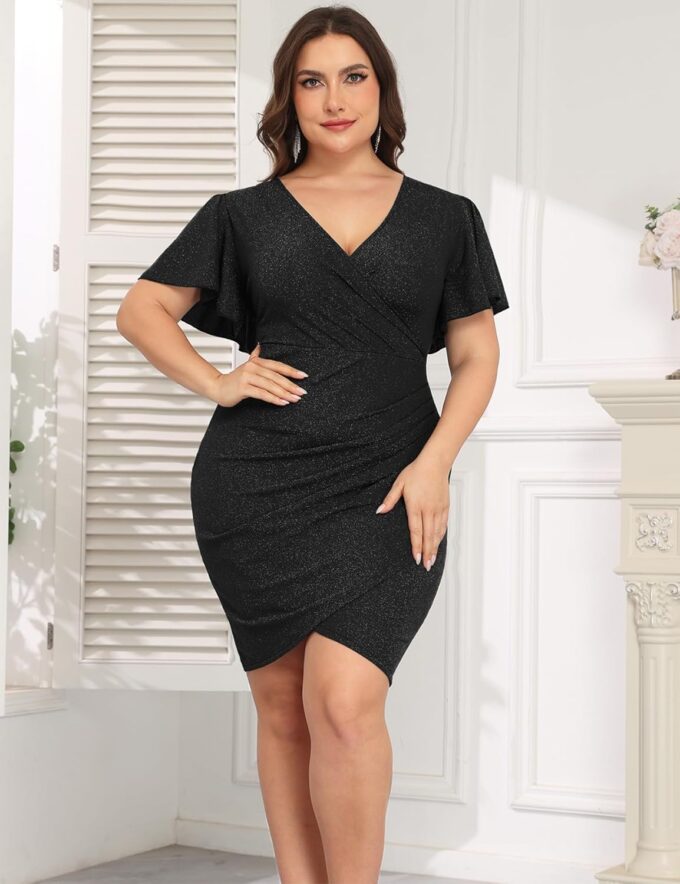 CYCLAMEN 1X-4X Plus Size Sparkle Glitter Ruched Bodycon Mini Wrap Dress Sparkly Sequin Dresses Ruffle Sleeve Party Cocktail – Bild 6