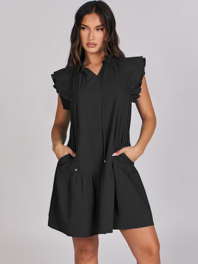 ANRABESS Womens Summer V-Neck Drawstring Ruffle Cap Short Sleeve Casual Shift Mini Dress with Pockets – Bild 4