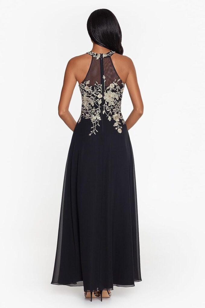 Betsy & Adam Women's Petite Long Embroidered Halter Chiffon Gown – Bild 2