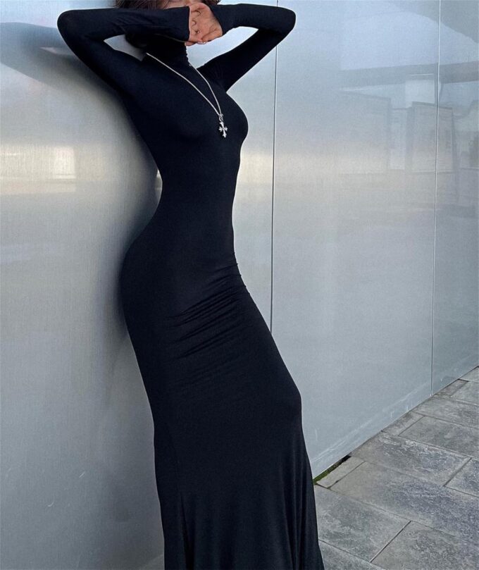Long Sleeve Maxi Dress for Women - Casual Turtleneck Bodycon Formal Dresses Elegant Mermaid Hem 2025 – Bild 4