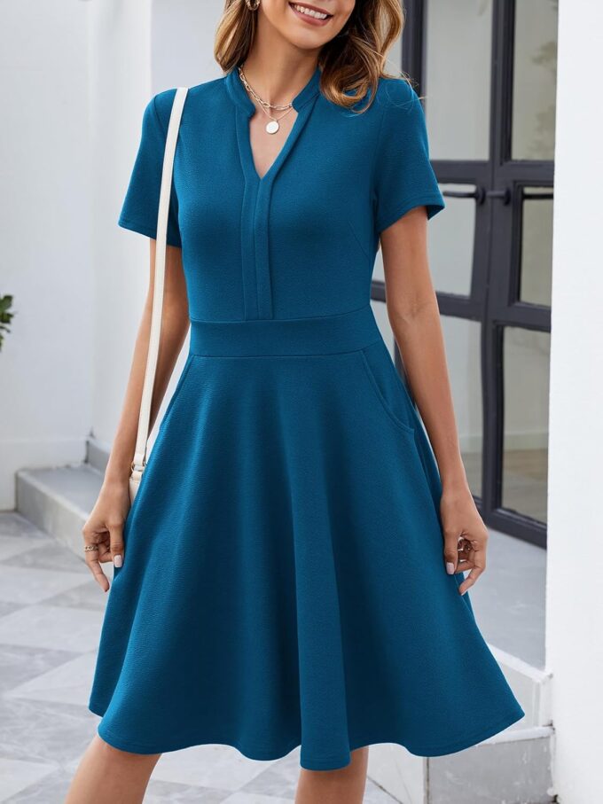Mokayee Womens Summer Short Sleeve V Neck Fit and Flare Semi Formal Work Wedding Guest Dresses with Pockets – Bild 5