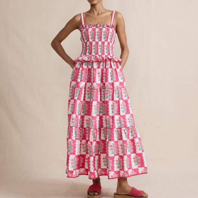 Women Summer Smocked Flowy Dress Spaghetti Strap Square Neck Floral Dress Ruffle Patchwork Boho A Line Midi Sun Dress – Bild 2