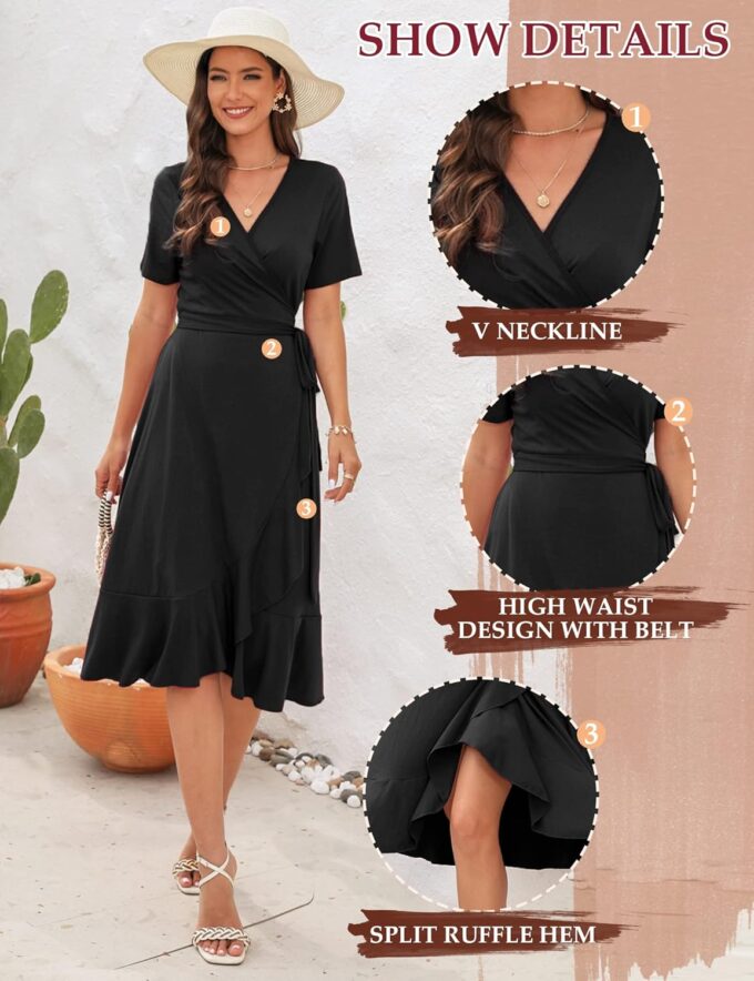 SLOWTOWN Women's Wrap Dress V Neck Short Sleeve Ruffle Hem Midi Dress – Bild 6
