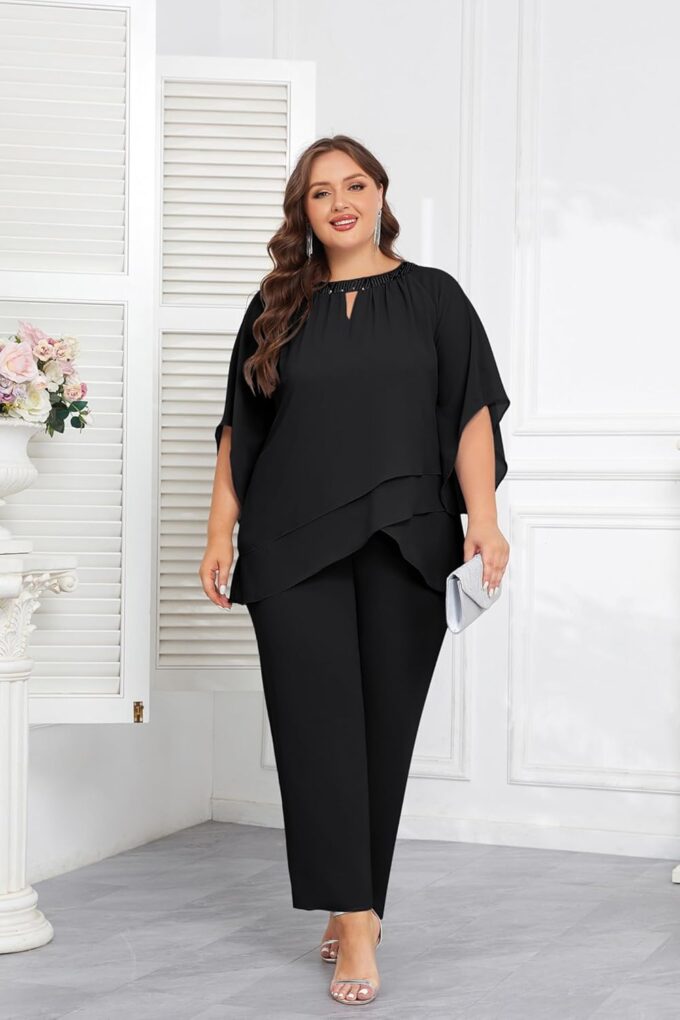 Hanna Nikole Mother of Bride Pant Suits Plus Size Half Sleeve 2 Piece Chiffon Pantsuit Formal Wedding Guest Outfit – Bild 2