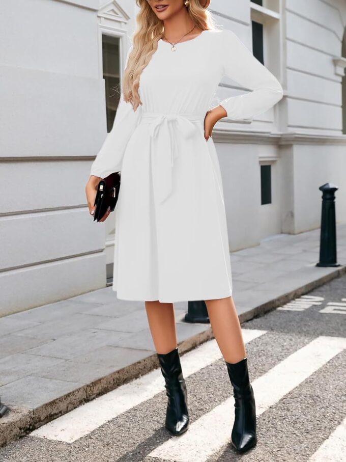 Damenkleid mit langen Ärmeln, Rundhalsausschnitt, mit Gürtel, A-Linie, fließend, für Business, Arbeit, Lehrer, Midi-Kleid – Bild 6