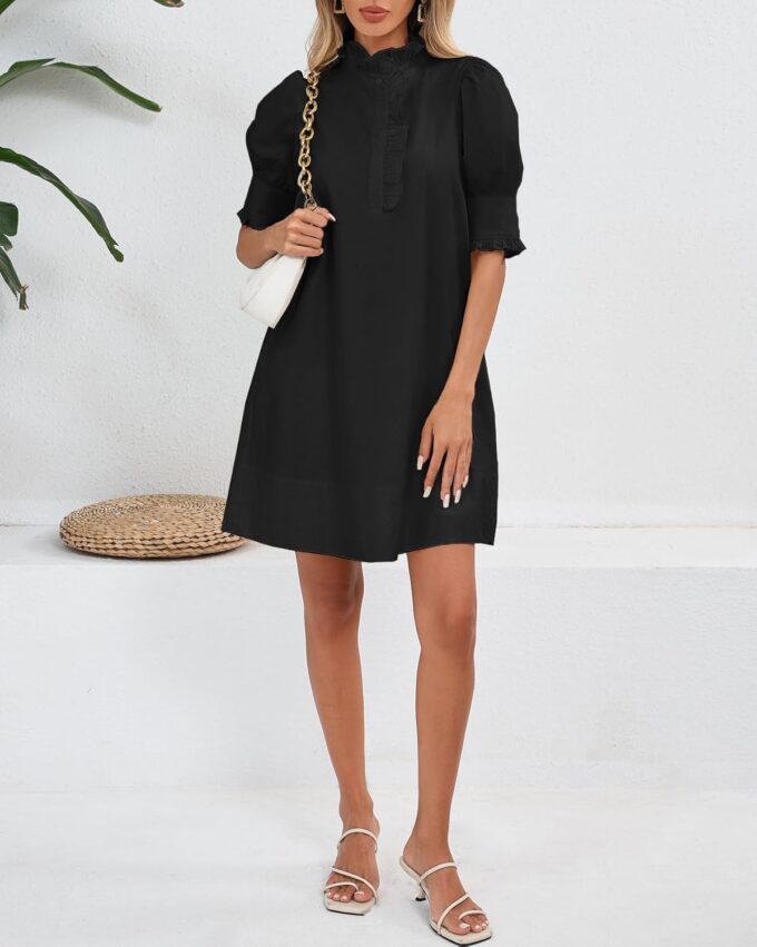 Women's Puff Short Sleeve Stand Ruffle Collar Summer Dress Casual A Line Shift Mini Dress with Pockets – Bild 3