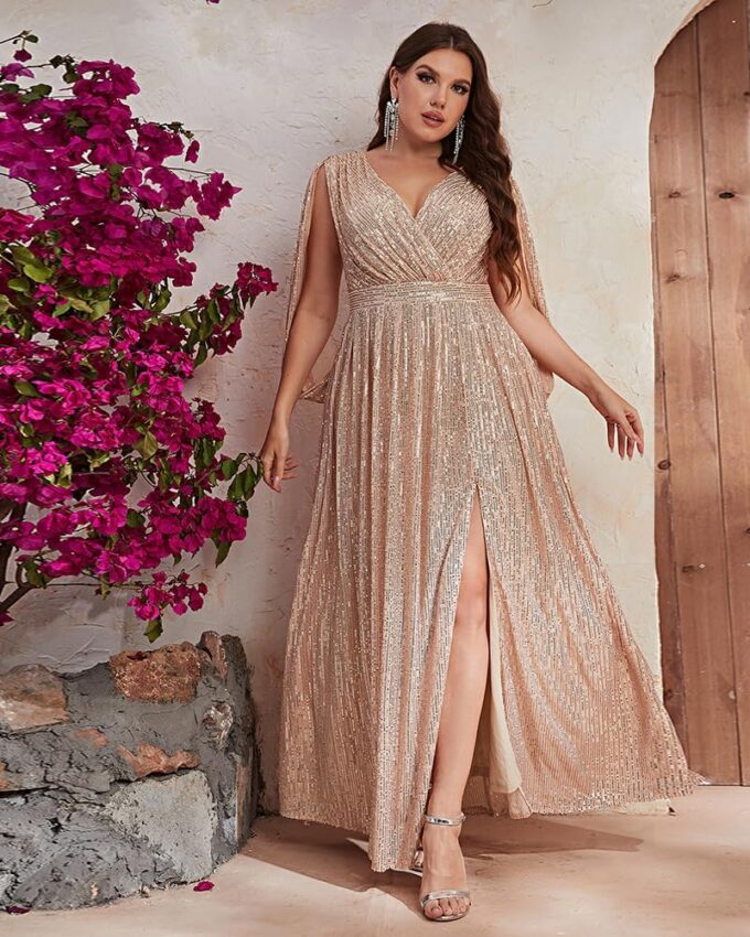 Women's Plus Size Flare Sleeve V Neck Side Split Sequin Formal Prom Dress – Bild 2