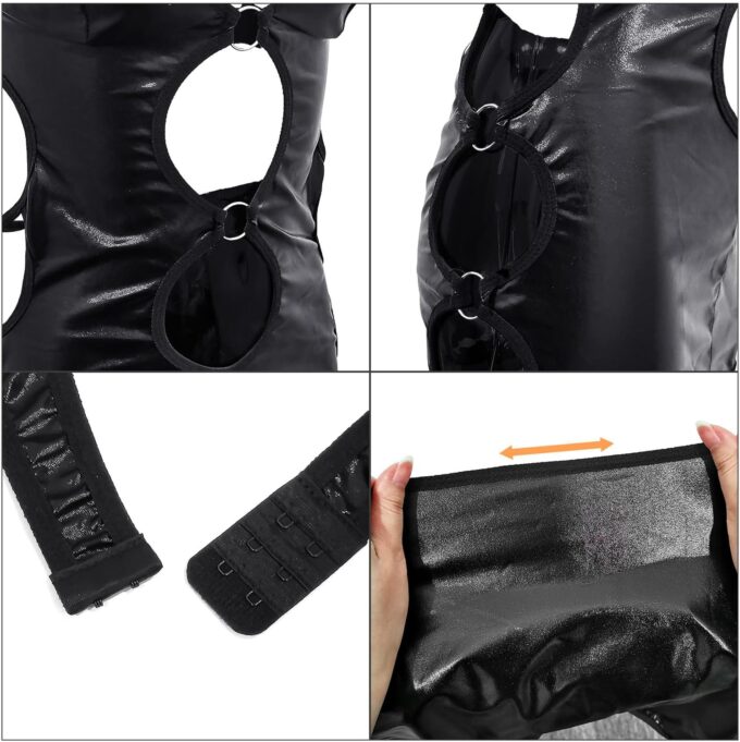 Women Leather Lingerie Sexy Cut Out Babydoll Nightdress Deep V Neck Backless PU Leather Bodycon Mini Nightclub Dress – Bild 2