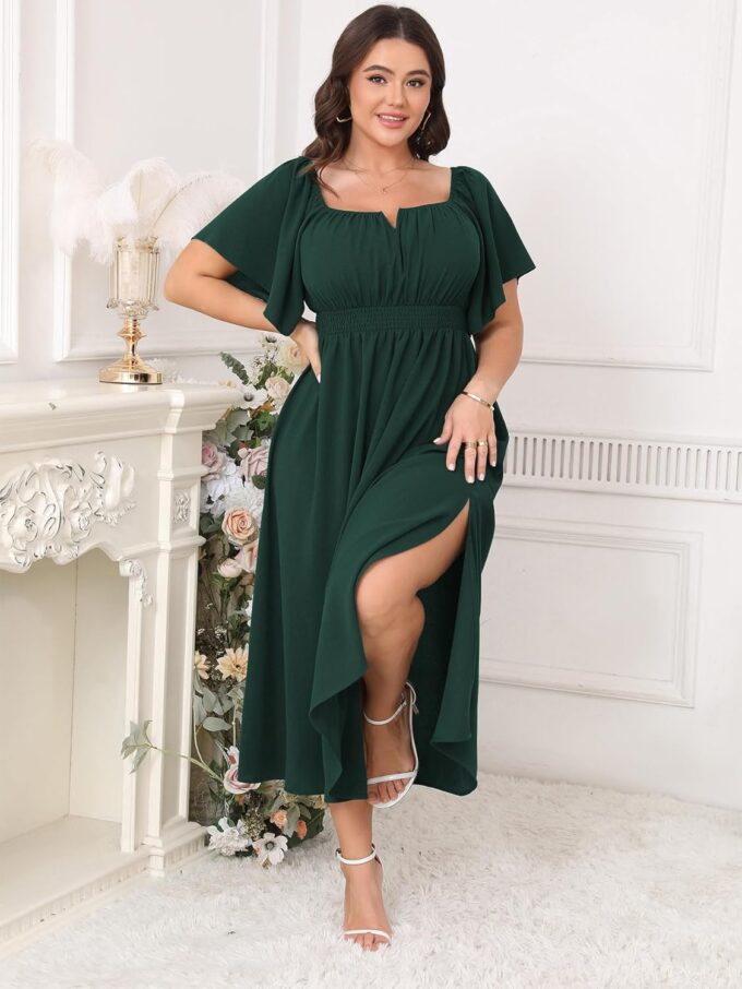 Women Plus Size Dress Wedding Guest Formal Ruffle Short Sleeve Square Neck Smocked Flowy A Line Slit Maxi Dresses – Bild 5