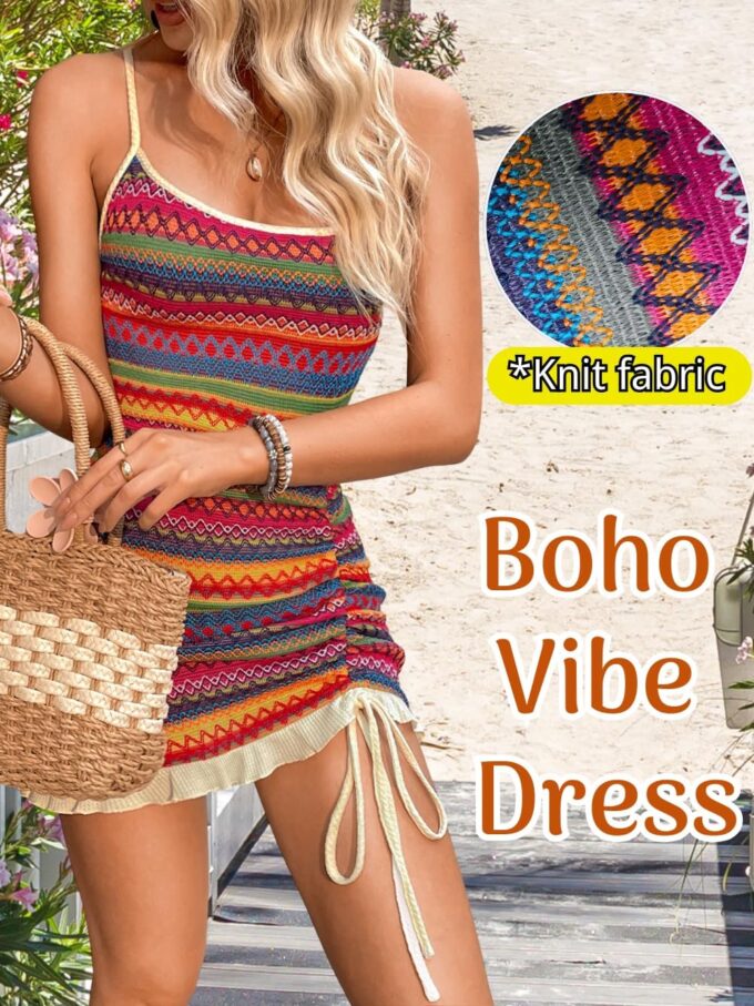 Boho Crochet Striped Swimsuit Coverup, Square Neck Low-Back Bodycon, Drawstring Ruffle Mini Dresses for Women – Bild 3