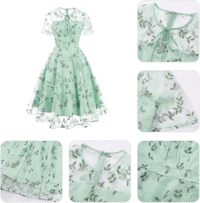 Women Floral Embroidery Dress Sheer Mesh Illusion Vintage Cocktail Swing Dress Wedding Party Prom Tulle Dinner Dress – Bild 5