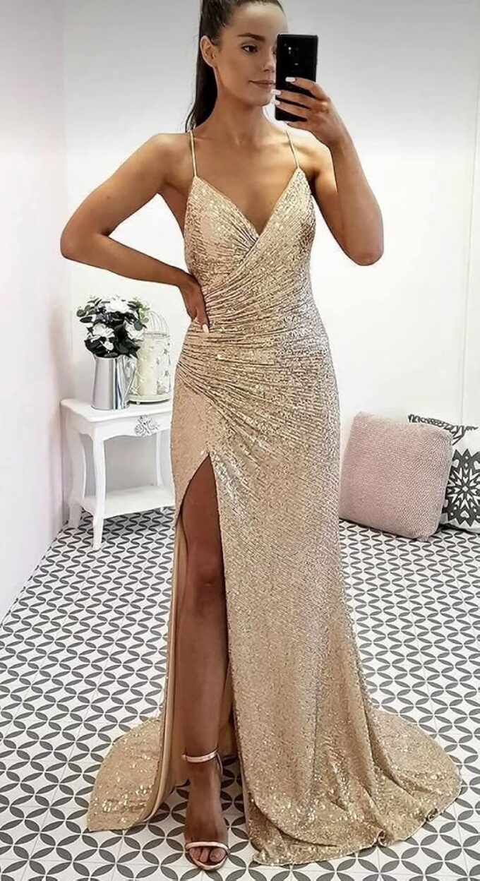 ForElise Sparkly Sequin Mermaid Prom Dresses 2025 with Slit Spaghetti Straps Long Formal Evening Gown – Bild 6