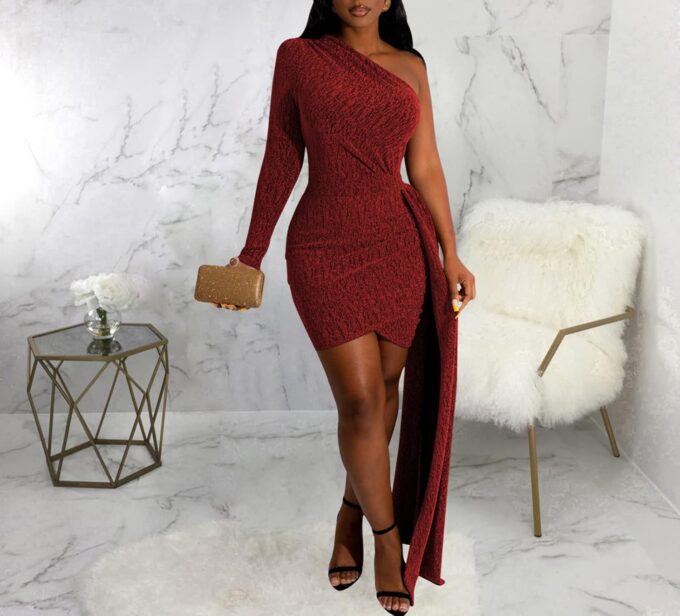 ZonJie Women Casual Solid Dress Sexy Off Shoulder Long Sleeve Elegant Bodycon Long Formal Sparkle Glitter Party Club Dress – Bild 6