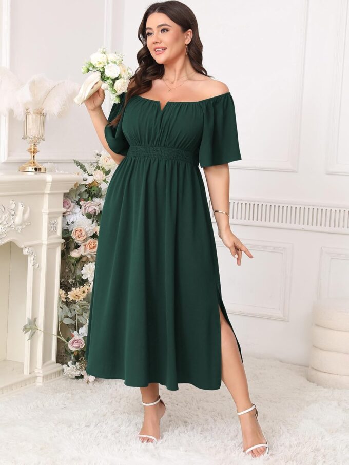 Women Plus Size Dress Wedding Guest Formal Ruffle Short Sleeve Square Neck Smocked Flowy A Line Slit Maxi Dresses – Bild 2