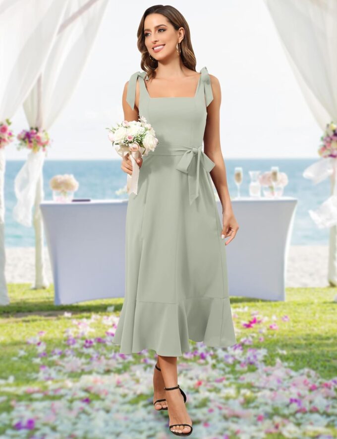 ROYAL MATRIX Women's Midi Dresses for Wedding Guest Semi Formal Dress for Cocktail Party Square Neck Split Bridesmaid Dress – Bild 2