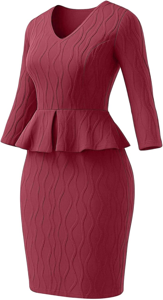 Runwind Schößchen-Kleid für Damen, V-Ausschnitt, 3/4-Ärmel, für die Arbeit, Midi-Kirchenkleider, elegante Bleistiftkleider – Bild 2