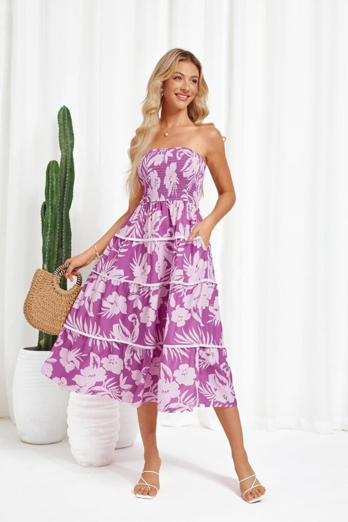 GRACE KARIN 2025 Women's Summer Floral Dress Strapless Smocked Tube Dress Boho Beach A-Line Midi Dresses with Pockets – Bild 6