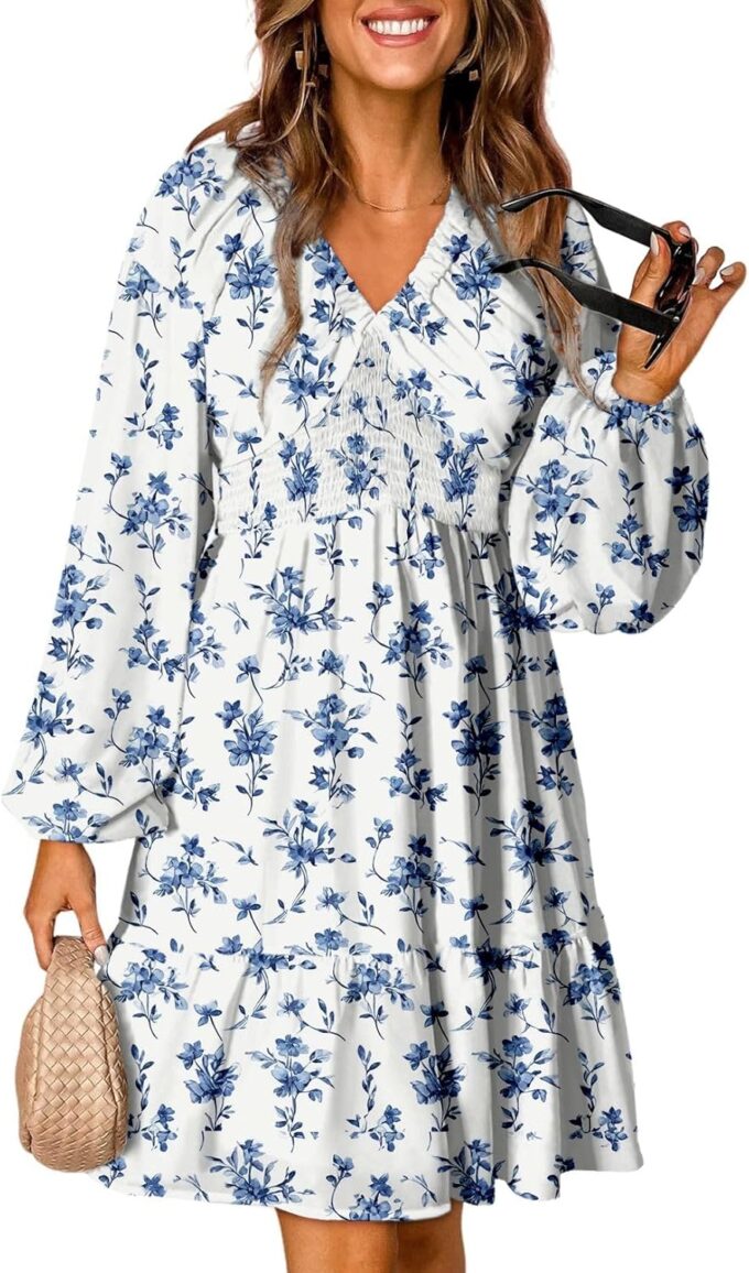 Dokotoo Womens Dresses 2025 Boho Floral V Neck Long Sleeve Smocked Elastic Waist Casual A-Line Swing Mini Dress Sundress