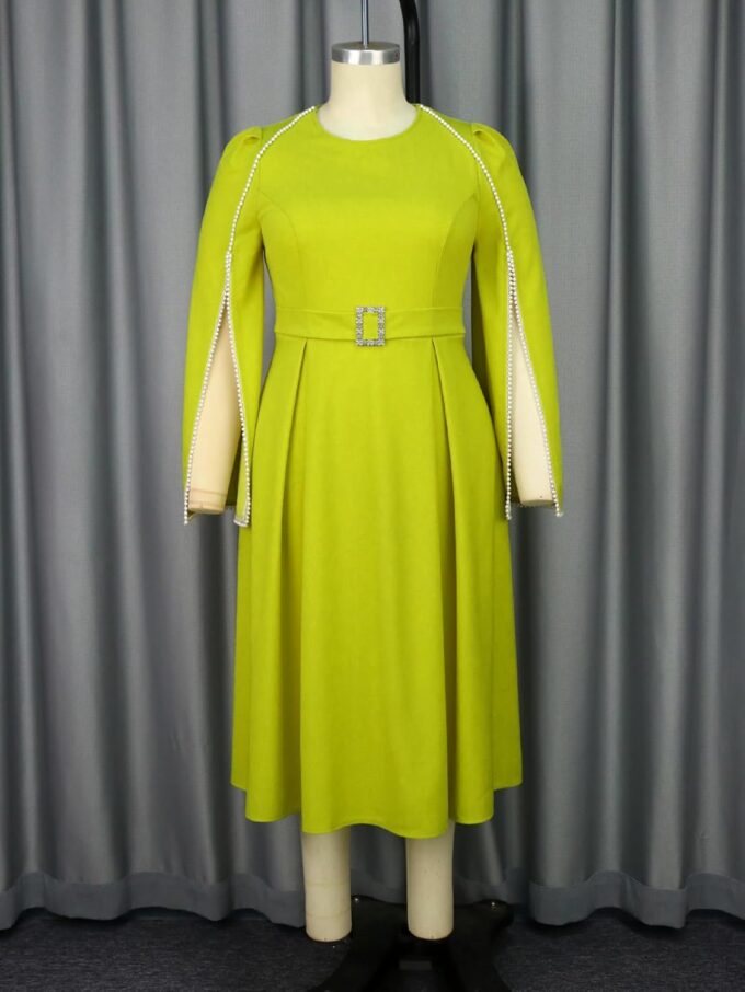 AOMEI Women Pearl Cloak Long Sleeve Crew Neck Empire Waist Belt A Line Midi Cocktail Dress – Bild 4