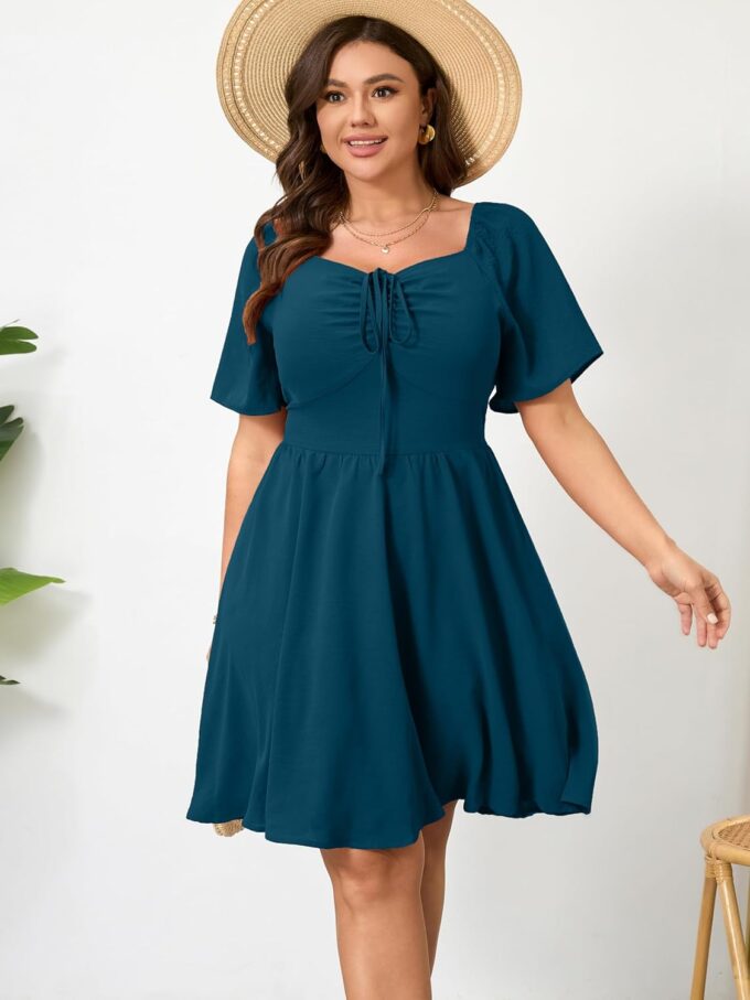 RWJ Women Plus Size Summer Dress Short Sleeve Tie Front Sweetheart Neck Wrap A-Line Casual Mini Wedding Guest Dresses 2025 – Bild 3