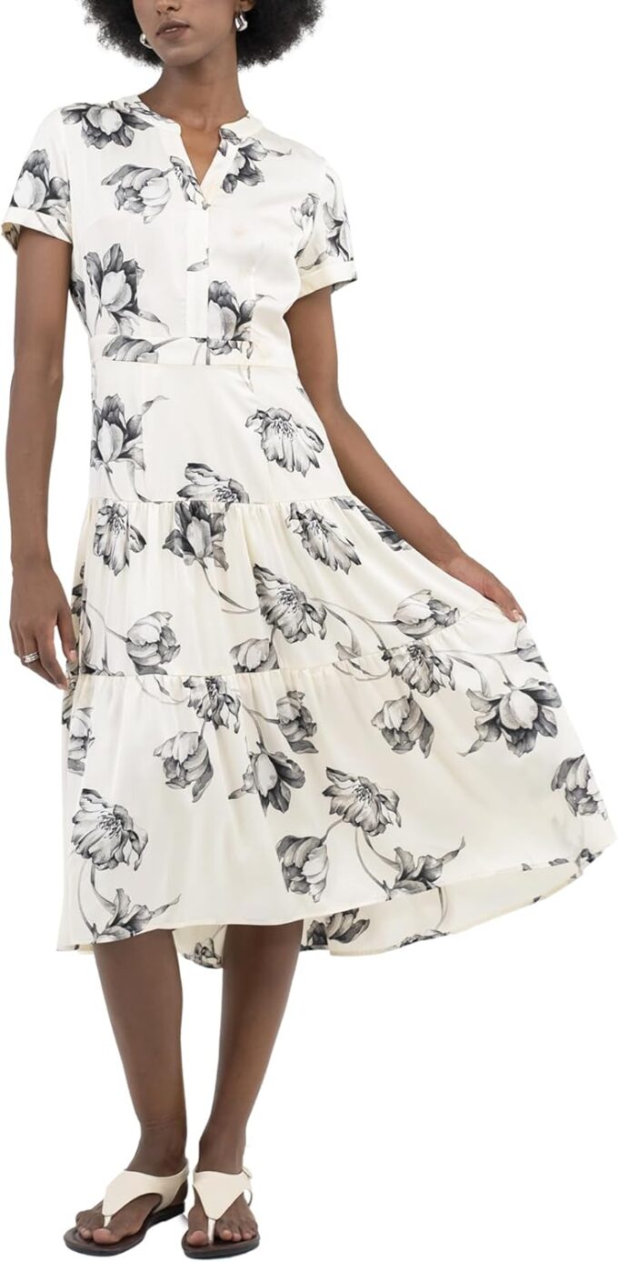 SIXDO Damen-Midikleid, Seide, Weiß, V-Ausschnitt, Kragen, A-Linie, kurze Ärmel, zum Überziehen, Arbeit, Büro, Business, Freizeit, Sommer, Herbst