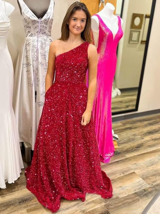 One Shoulder Sequin Prom Dresses for Women 2025 Long Sparkly Ball Gowns Formal Dress Aline Evening Party Gowns – Bild 2
