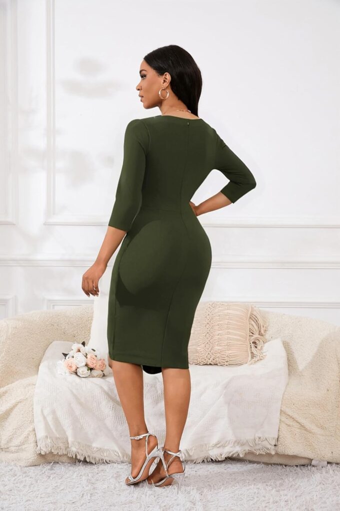 Womens 1950s Vintage Bodycon Dress 3/4 Sleeve Square Neck Cocktail Pencil Sheath Midi Dress Elegant – Bild 3