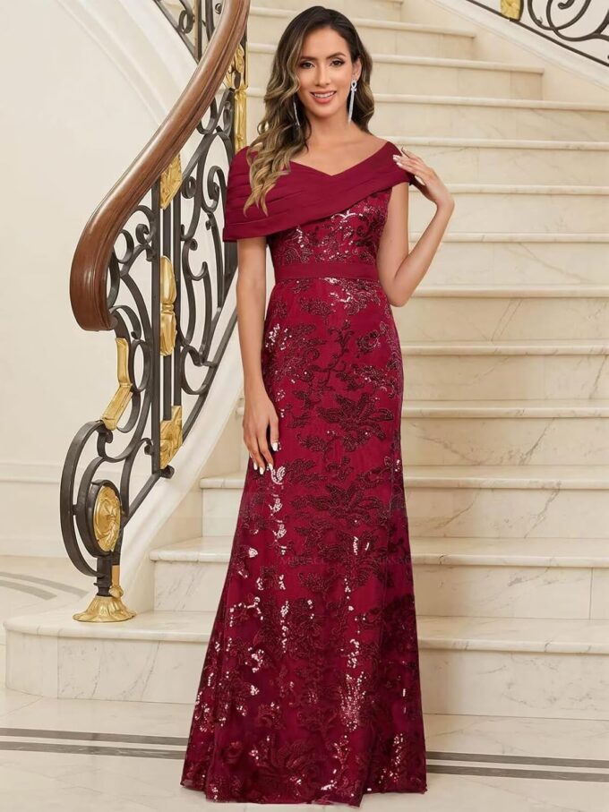 VCCICANY Sequin Mermaid Mother of The Bride Dresses for Women Chiffon Off Shoulder Ruched Long Formal Evening Gowns – Bild 3