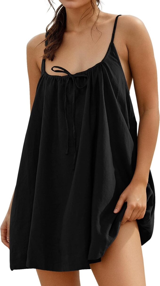 Womens Sundresses Mini Linen Beach Cover Up Tank Summer Casual Spaghetti Strap Sleeveless Dress with Pockets