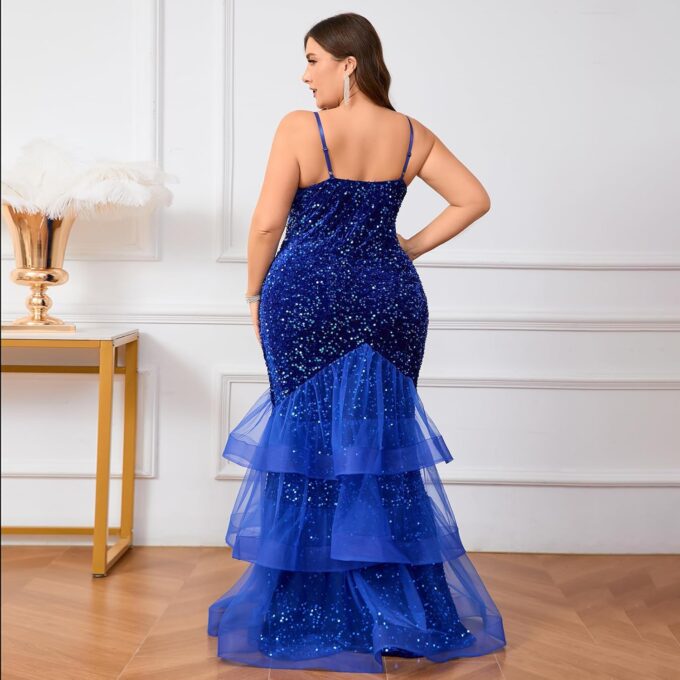 Women Sexy Sleeveless Sequin Mesh Patchwork Maxi Dress Red Plus Size Sling Cocktail Party Formal Gowns – Bild 2